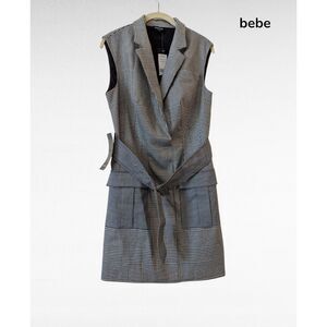 Bebe Blazer Dress Houndstooth Lapel Flap Pockets Removable Belt  Sz 10